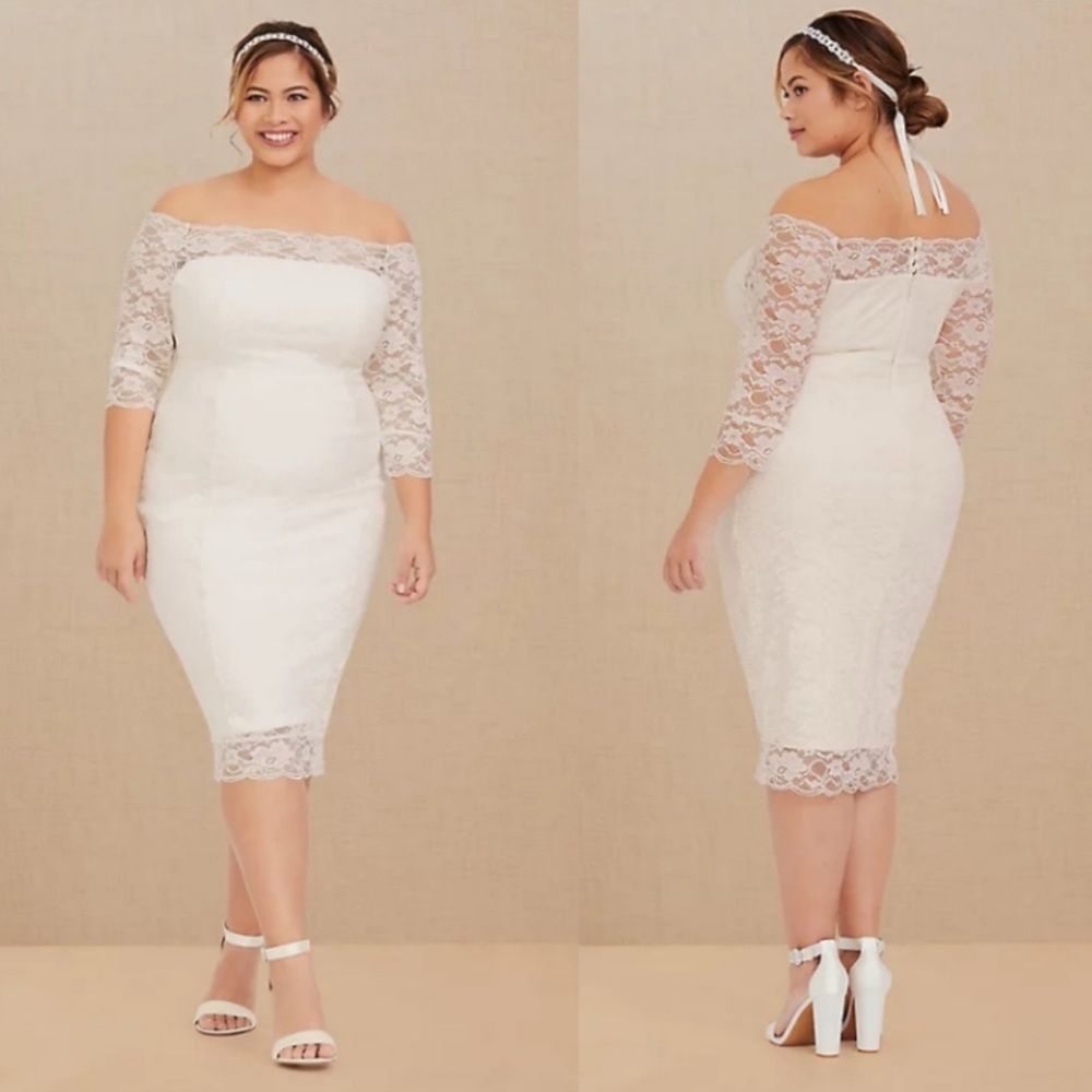 Torrid SPECIAL OCCASION IVORY LACE OFF SHOULDER BODYCON DRESS - Picture 3 of 4